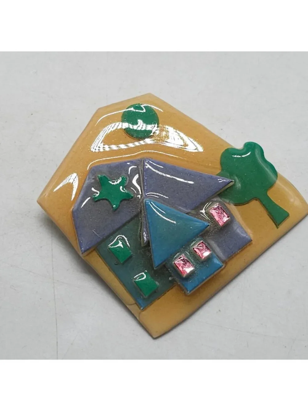 Handmade Lucinda House Pin Brooch Colorful 3D Design Tree & Star